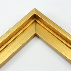 This stair step wood floater frame has a high shine, brushed gold finish with a steep upper and small lower step. The canvas will hover neatly within the simple, modern border. 

Give an authentic, fine art display to your favourite Giclée print or oil painting. This size is ideal for thin (3/4 " deep) gallery wrap canvases. The canvas may protrude slightly above the frame face. 

*Note: These solid wood, custom canvas floaters are for stretched canvas prints and paintings, and raised wood panels.